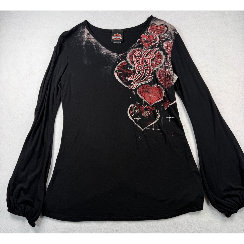 Harley Davidson Y2K McBling Rhinestone Heart Cutout Balloon Sleeve Top M - Picture 3 of 11
